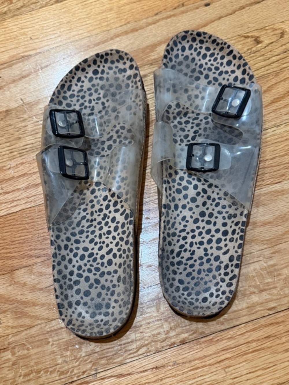 Clear Double-Buckle Slide Sandals with Leopard Footbed